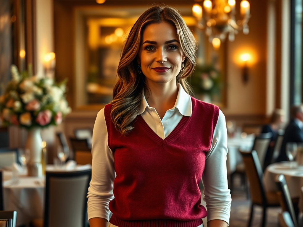 Kobieta w eleganckim lokalu, uśmiechnięta, w czerwonym swetrze, z kwiatami w tle. Strojna atmosfera restauracji.